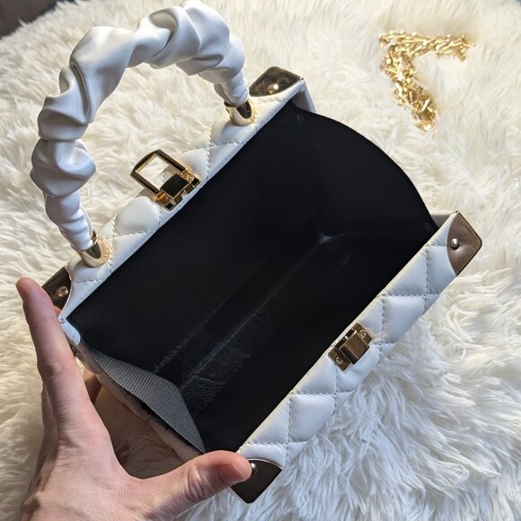 New White Quilted Vegan Leather Mini Trunk Handbag - Convertible Crossbody - Picture 6 of 9